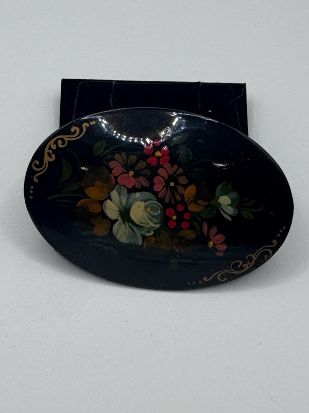 Vintage Hand-Painted Floral Oval Brooch in Black